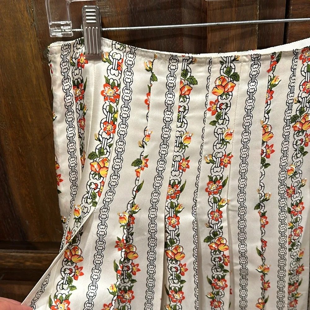Tory Burch Cream Floral Stripe Pleated Midi Skirt